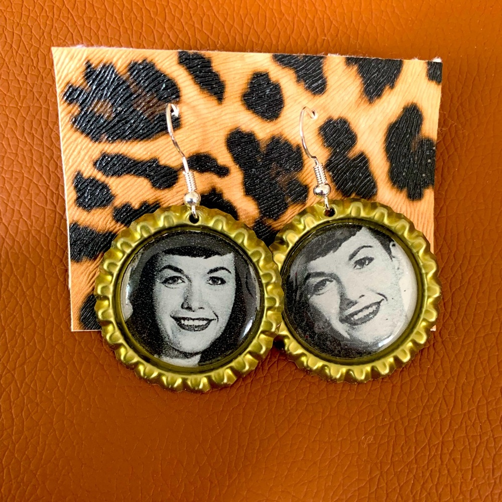 2/$20 Betty Page print handcrafted bottle Cap Earrings.